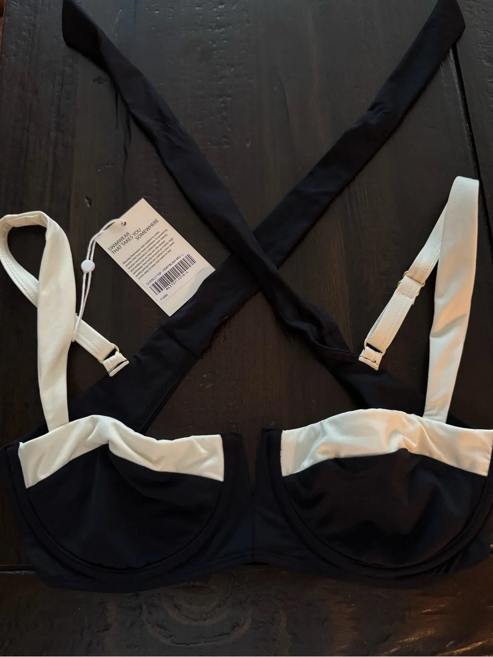 Monday Swimwear Clovelly Bikini Top Black & Cream V-Notch Balconette